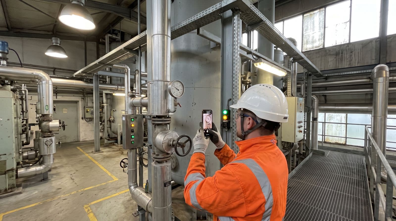 An operator on the mezzanine takes a photo of a valve with his phone
