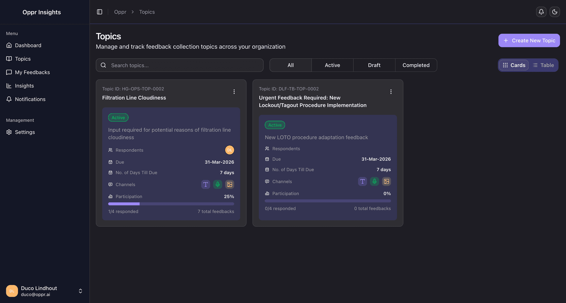 Écran de création d'un nouveau topic dans Oppr Insights