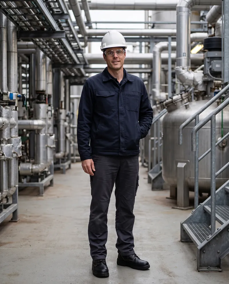 Floris Wyers, founder and CEO of Oppr, in a work jacket, hard hat and safety glasses between pipe racks in a process plant