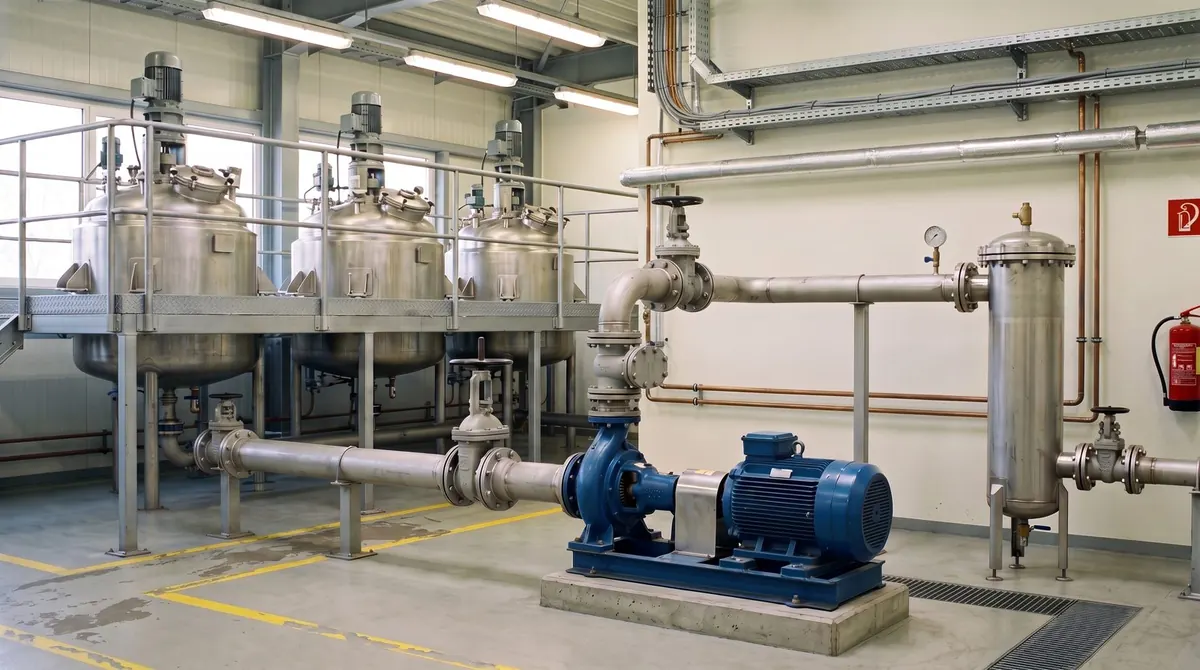 A blending hall with three stirred vessels on a platform, a blue pump and a filter housing on the line