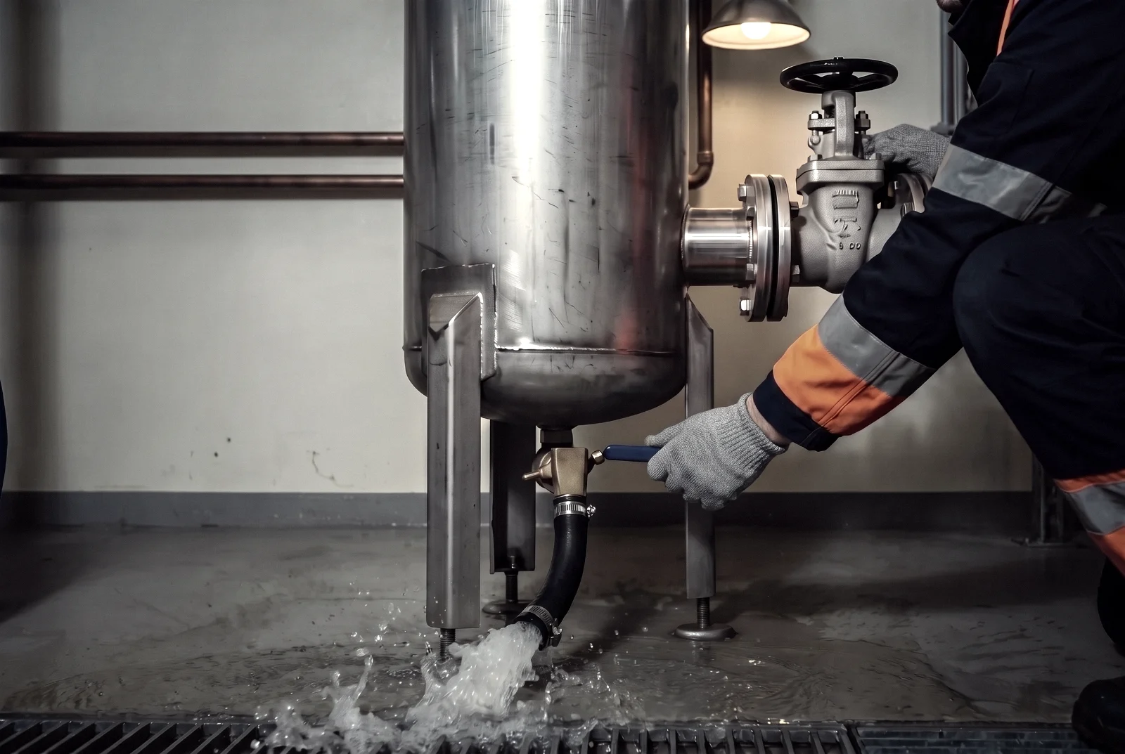 At filter F-101 a gloved hand opens the drain valve; flush water runs through a hose into the floor grate