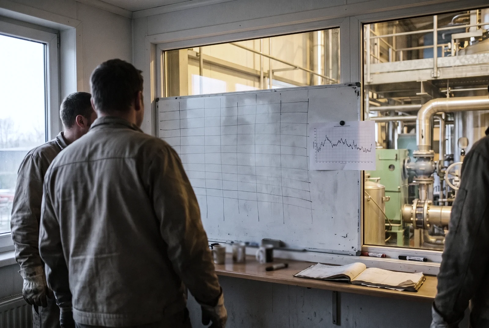 Two people from behind at a whiteboard in the control room, with the downtime list and a printed pressure trend