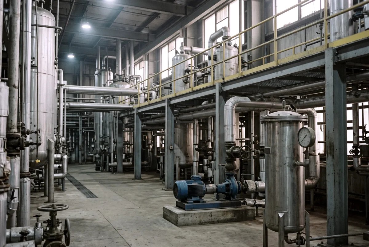 A process hall with vessels, pipework, a walkway and a pump on the floor
