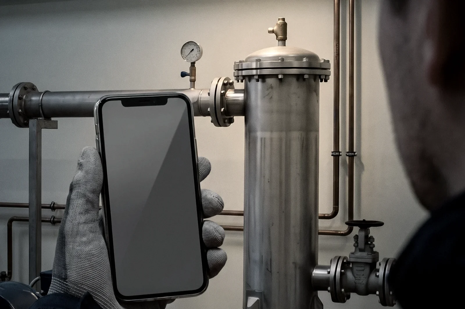 At night, over the shift lead's shoulder: his gloved hand holds up a phone in front of filter F-101