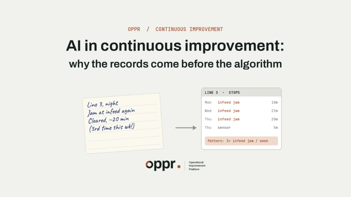 AI in continuous improvement: a handwritten shift note about a jam at the infeed, and the same stops in a list that shows the pattern.