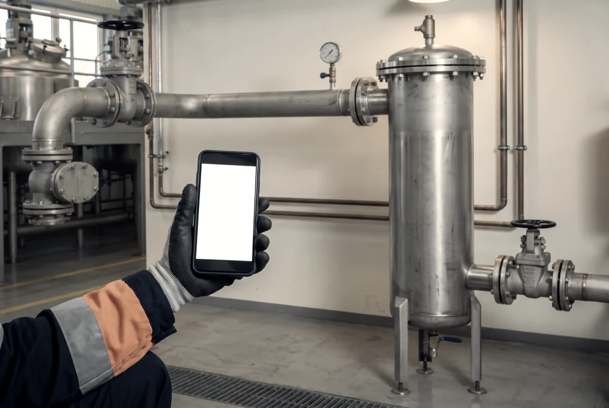 A shift lead holds a phone up at the filter after the vessel.